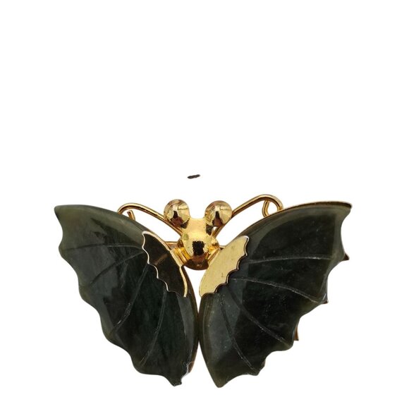 Vintage Gold Tone & Green Butterfly Brooch Pin With Jade Wings 2" Wide - Picture 4 of 5